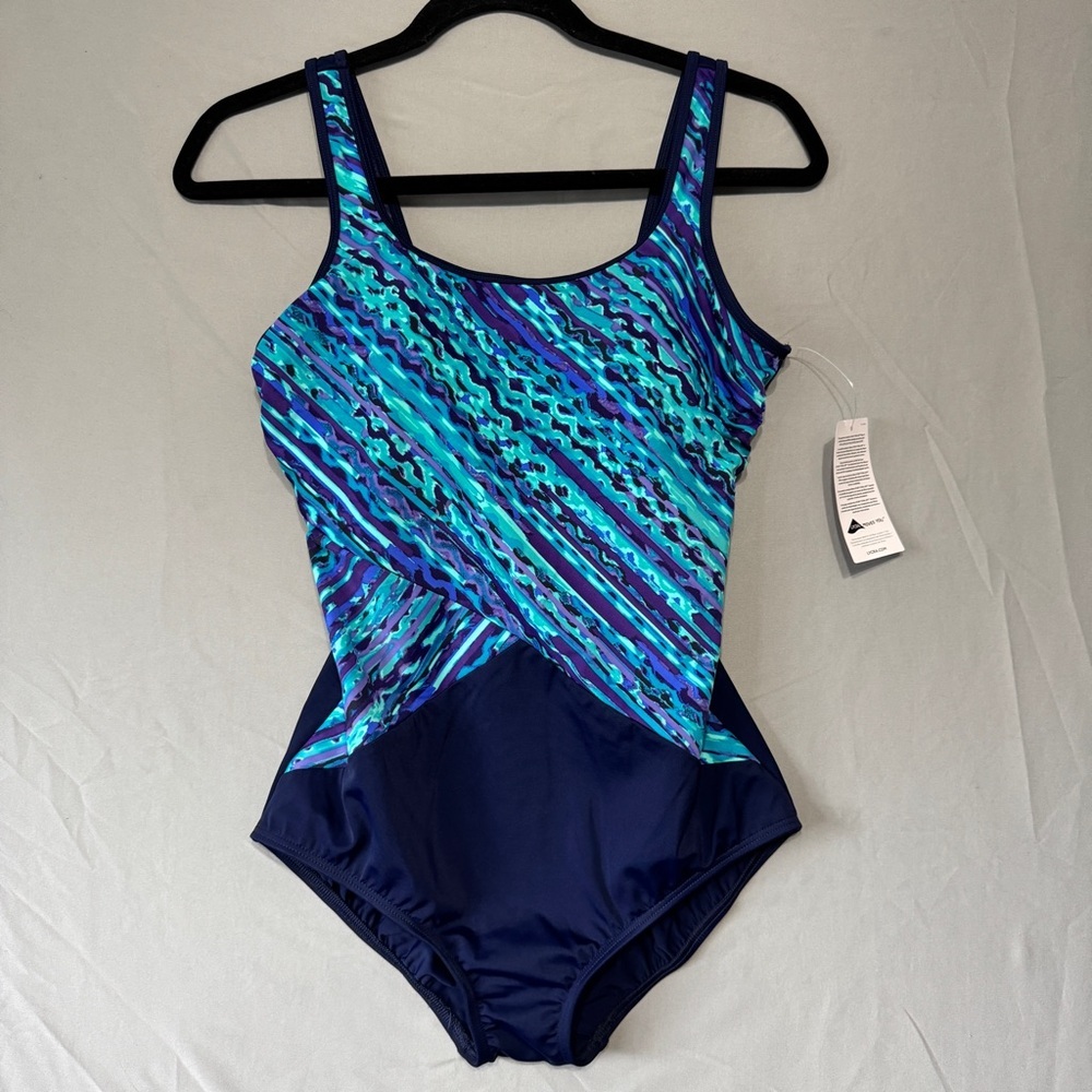 Lands End Womens One Piece Swimsuit 8 DD Blue Lycra Tropical Beach Summer NWT